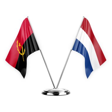Two table flags isolated on white background 3d illustration, angola and netherlands