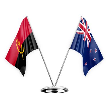 Two table flags isolated on white background 3d illustration, angola and new zealand