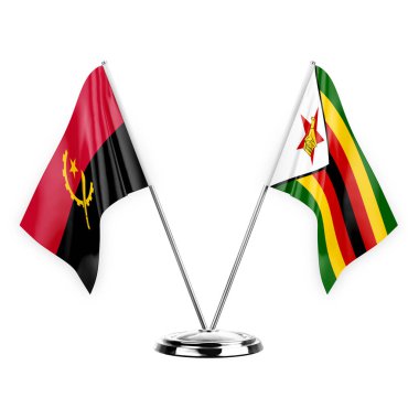 Two table flags isolated on white background 3d illustration, angola and zimbabwe