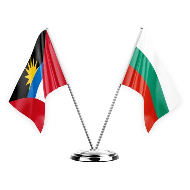 Two table flags isolated on white background 3d illustration, antigua barbuda and bulgaria