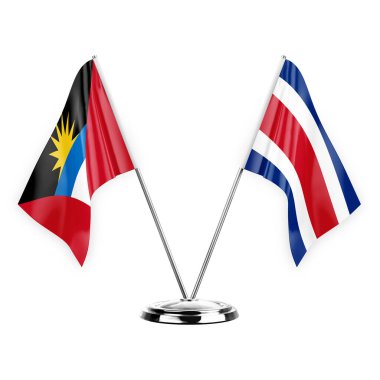 Two table flags isolated on white background 3d illustration, antigua barbuda and costa rica