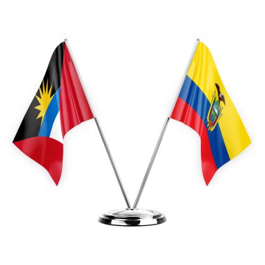 Two table flags isolated on white background 3d illustration, antigua barbuda and ecuador