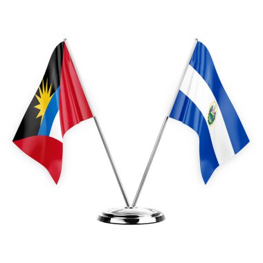 Two table flags isolated on white background 3d illustration, antigua barbuda and el salvador
