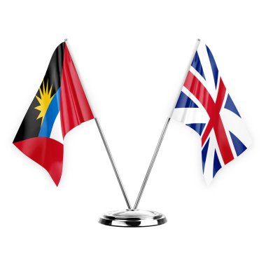 Two table flags isolated on white background 3d illustration, antigua barbuda and britain