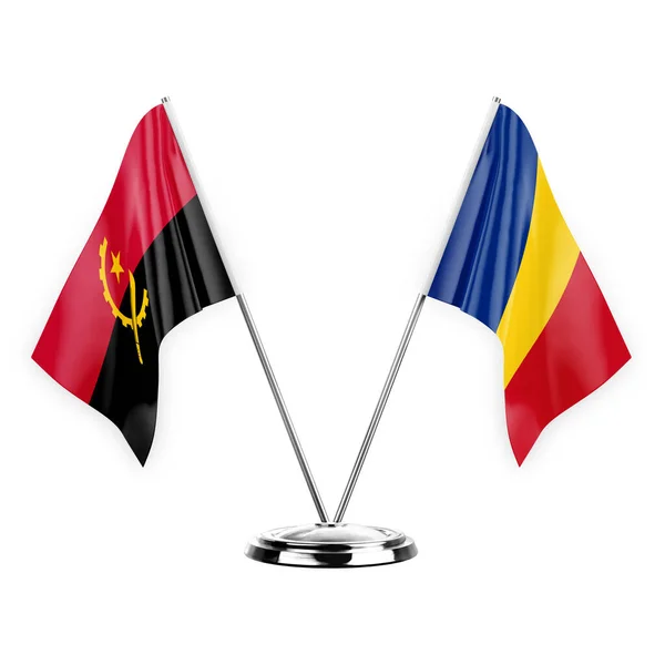 Два Столові Прапори Ізольовані Білому Тлі Ілюстрація Ангола Румунія — стокове фото
