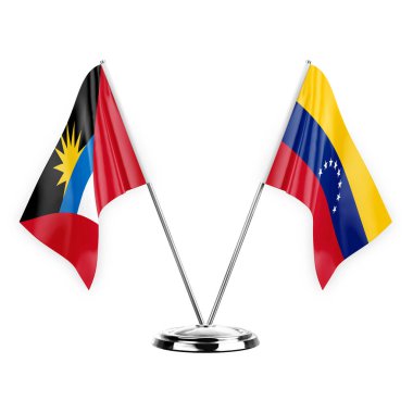 Two table flags isolated on white background 3d illustration, antigua barbuda and venezuela