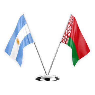 Two table flags isolated on white background 3d illustration, argentina and belarus