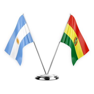 Two table flags isolated on white background 3d illustration, argentina and bolivia
