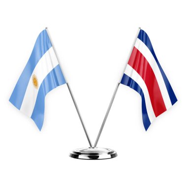 Two table flags isolated on white background 3d illustration, argentina and costa rica