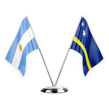 Two table flags isolated on white background 3d illustration, argentina and curacao