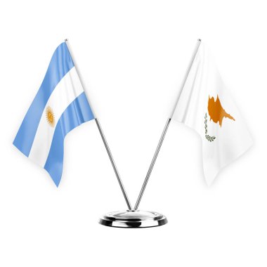 Two table flags isolated on white background 3d illustration, argentina and cyprus