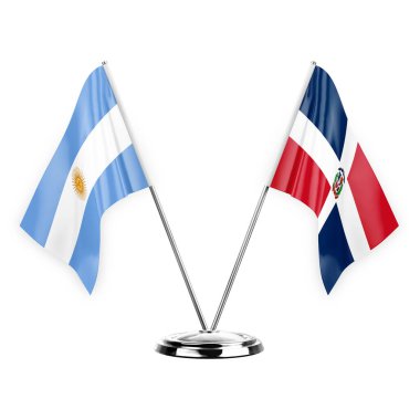 Two table flags isolated on white background 3d illustration, argentina and dominican republic