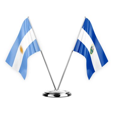 Two table flags isolated on white background 3d illustration, argentina and el salvador