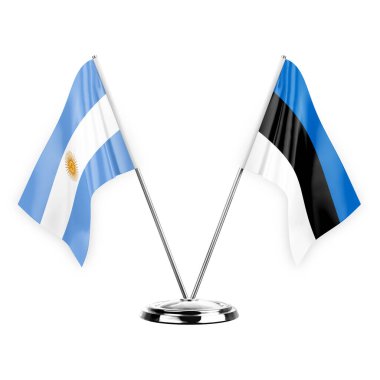 Two table flags isolated on white background 3d illustration, argentina and estonia