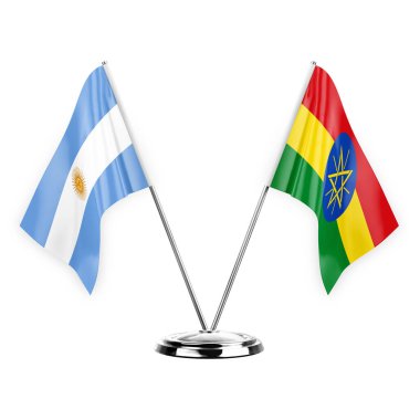 Two table flags isolated on white background 3d illustration, argentina and ethiopia