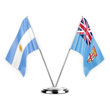 Two table flags isolated on white background 3d illustration, argentina and fiji