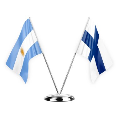 Two table flags isolated on white background 3d illustration, argentina and finland