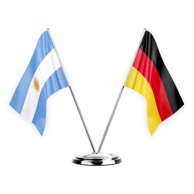 Two table flags isolated on white background 3d illustration, argentina and germany