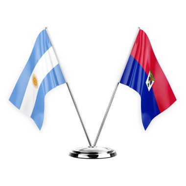 Two table flags isolated on white background 3d illustration, argentina and haiti