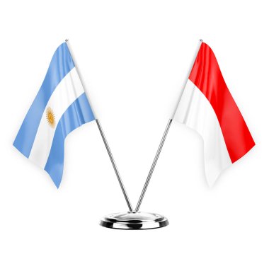 Two table flags isolated on white background 3d illustration, argentina and indonesia