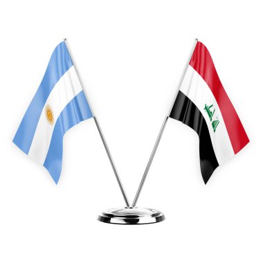 Two table flags isolated on white background 3d illustration, argentina and iraq