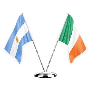 Two table flags isolated on white background 3d illustration, argentina and ireland