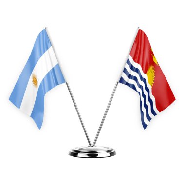 Two table flags isolated on white background 3d illustration, argentina and kiribati