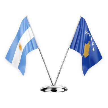 Two table flags isolated on white background 3d illustration, argentina and kosovo