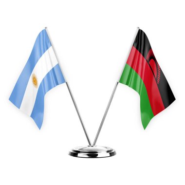 Two table flags isolated on white background 3d illustration, argentina and malawi