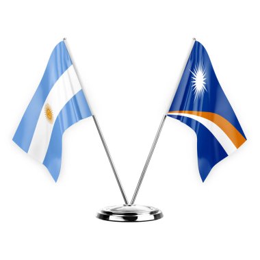 Two table flags isolated on white background 3d illustration, argentina and marshall islands