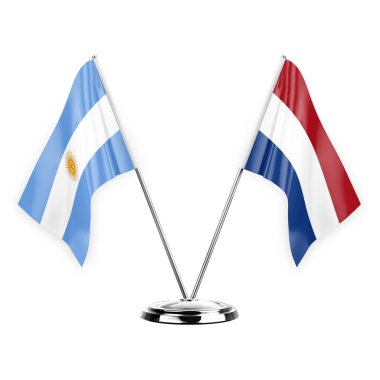 Two table flags isolated on white background 3d illustration, argentina and netherlands