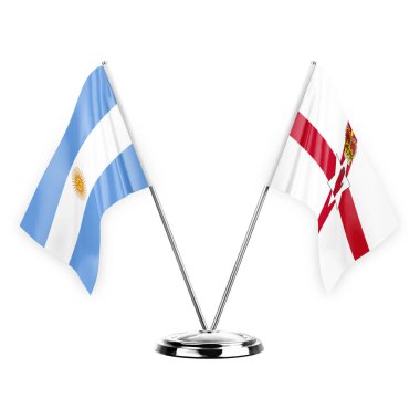Two table flags isolated on white background 3d illustration, argentina and ireland