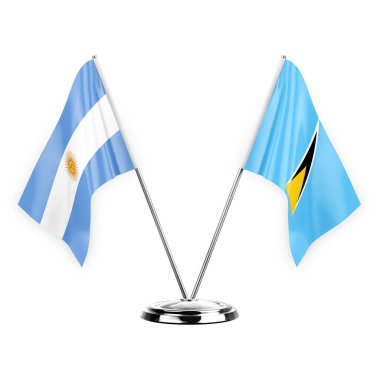 Two table flags isolated on white background 3d illustration, argentina and saint lucia