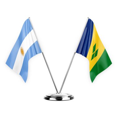 Two table flags isolated on white background 3d illustration, argentina and saint vincent and the grenadines