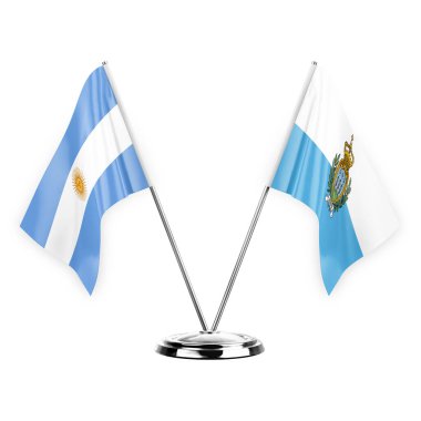 Two table flags isolated on white background 3d illustration, argentina and san marino