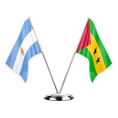 Two table flags isolated on white background 3d illustration, argentina and sao tome and principe