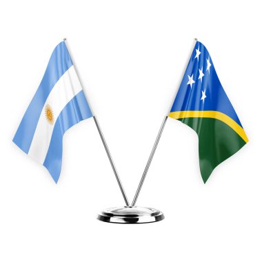Two table flags isolated on white background 3d illustration, argentina and solomon islands