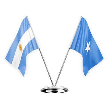 Two table flags isolated on white background 3d illustration, argentina and somalia