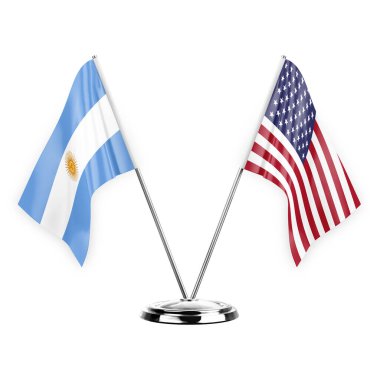 Two table flags isolated on white background 3d illustration, argentina and usa