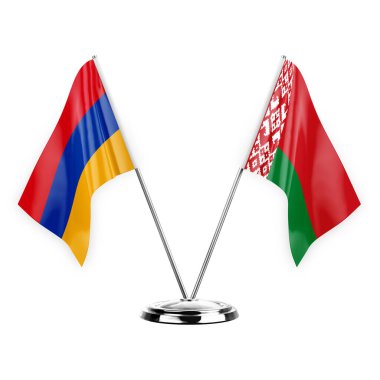 Two table flags isolated on white background 3d illustration, armenia and belarus