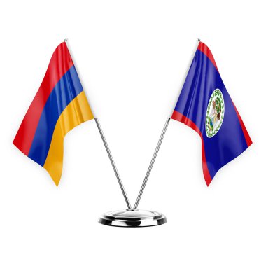 Two table flags isolated on white background 3d illustration, armenia and belize