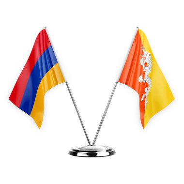 Two table flags isolated on white background 3d illustration, armenia and bhutan