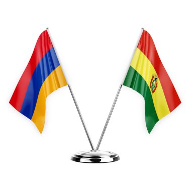 Two table flags isolated on white background 3d illustration, armenia and bolivia