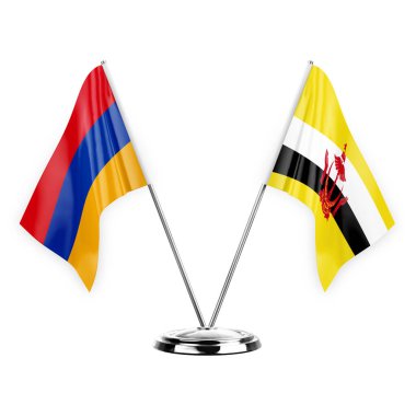 Two table flags isolated on white background 3d illustration, armenia and brunei