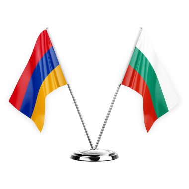 Two table flags isolated on white background 3d illustration, armenia and bulgaria