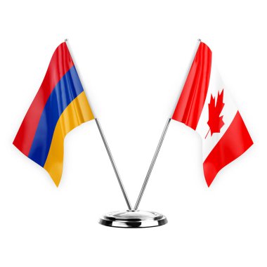 Two table flags isolated on white background 3d illustration, armenia and canada