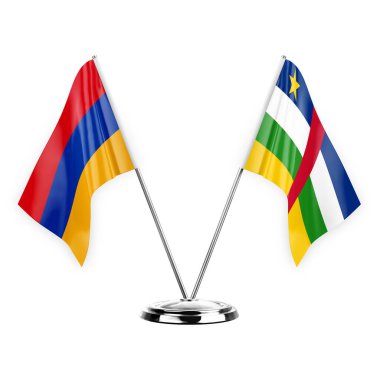Two table flags isolated on white background 3d illustration, armenia and central african republic