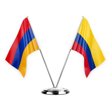 Two table flags isolated on white background 3d illustration, armenia and colombia