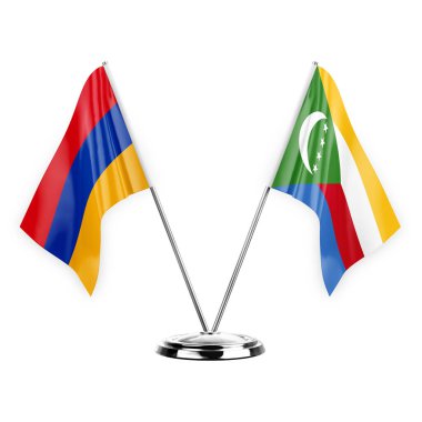 Two table flags isolated on white background 3d illustration, armenia and comoros