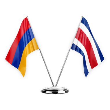Two table flags isolated on white background 3d illustration, armenia and costa rica